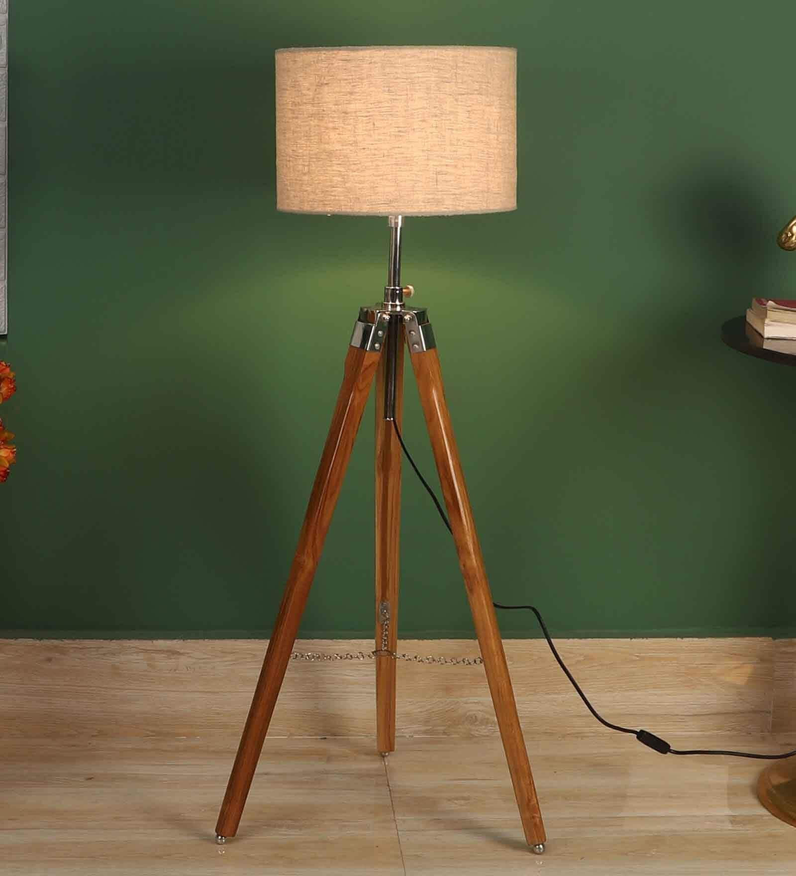 Buy Thapki Brown Fabric Shade Tripod Floor Lamp With Wood & Metal Base ...