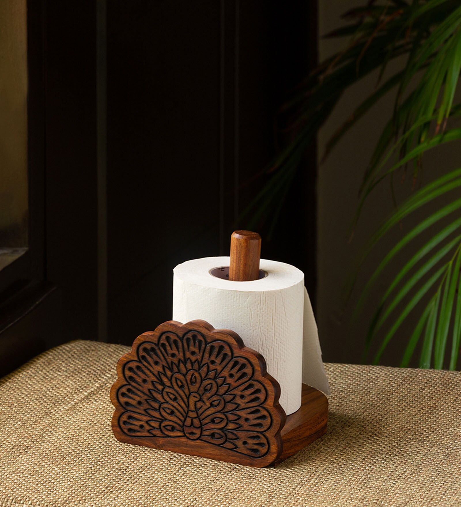 The Dancing Peacock Brown Sheesham Wood Table Tissue Roll Dispenser