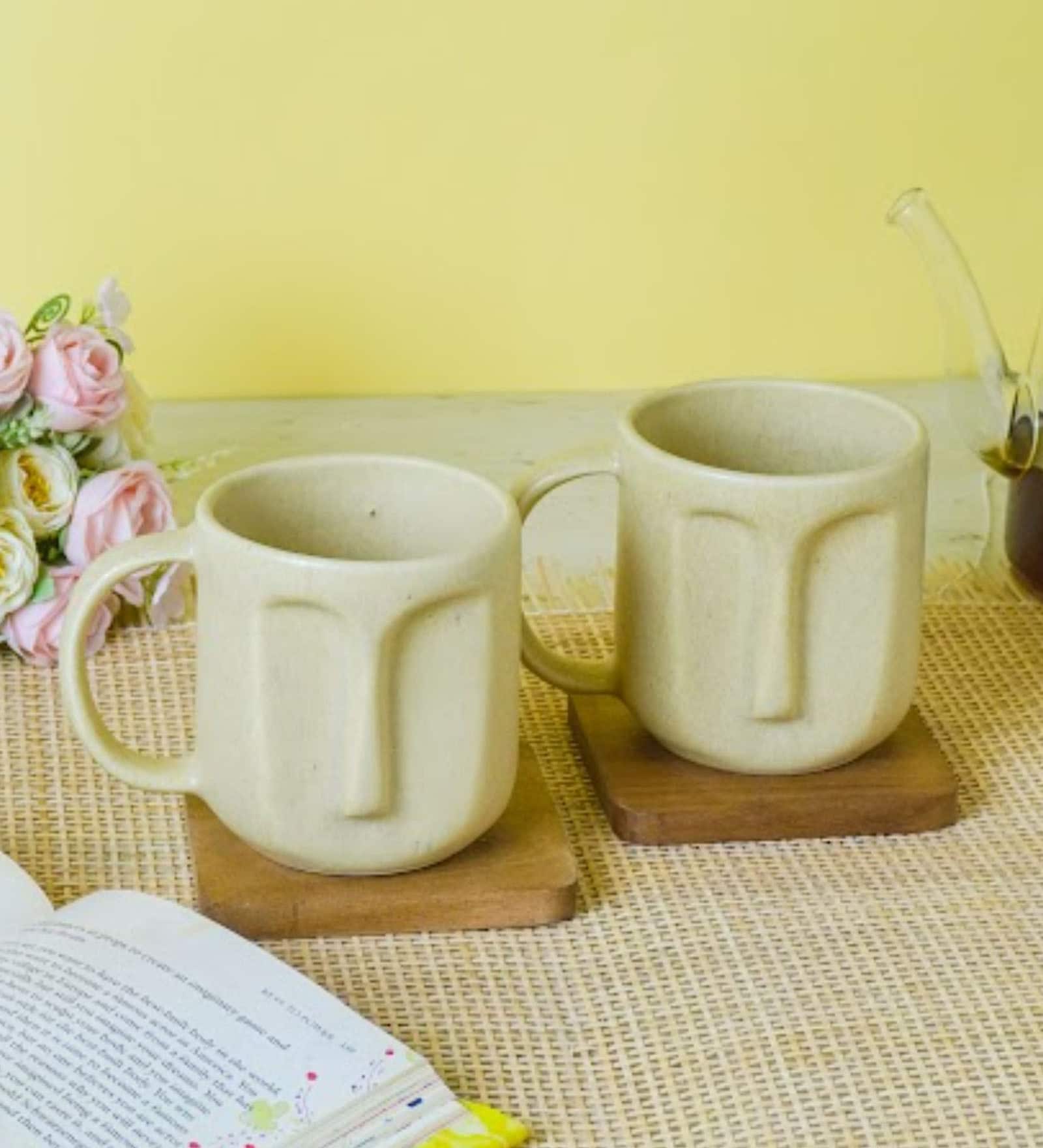 Beige  Face  Ceramic 300 ml (Set of 2) Coffee Mug
