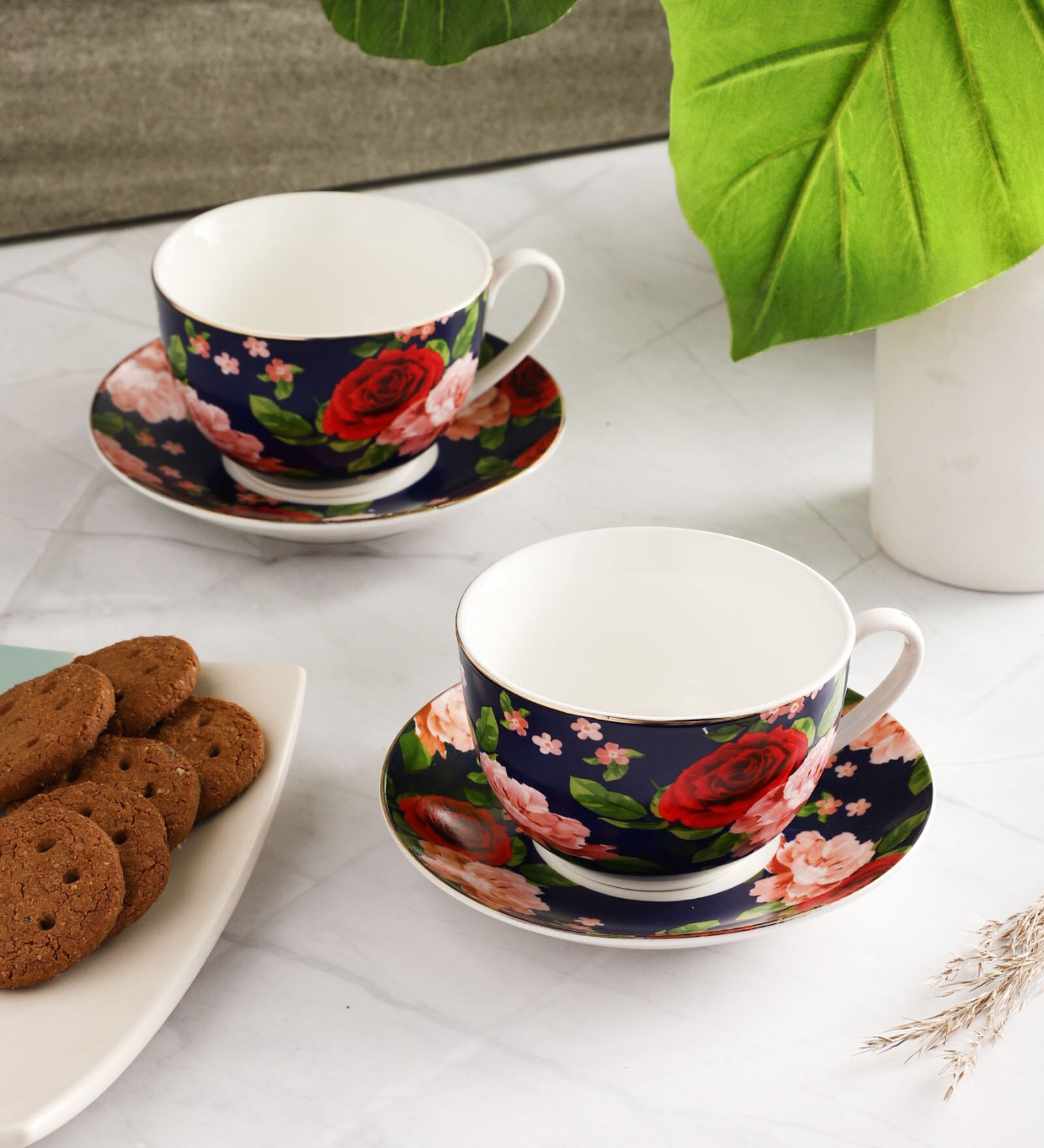 Buy Floral Ceramic 300ml (Set of 2) Tea Cups With Saucer at 63% OFF by ...