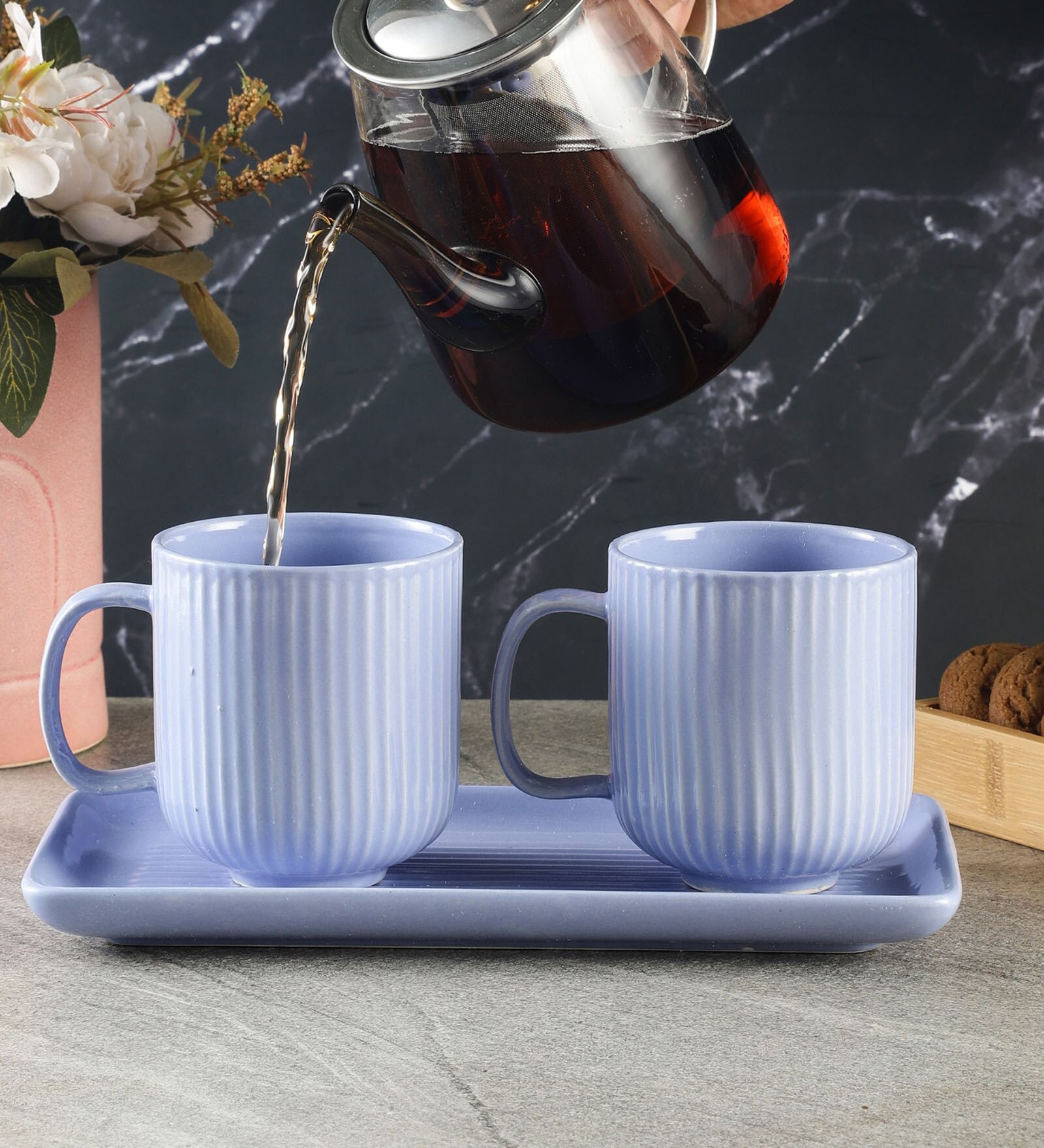 Buy Combed Ceramic 411 mL (Set of 2) Tea Cups with Tray at 67% OFF by ...