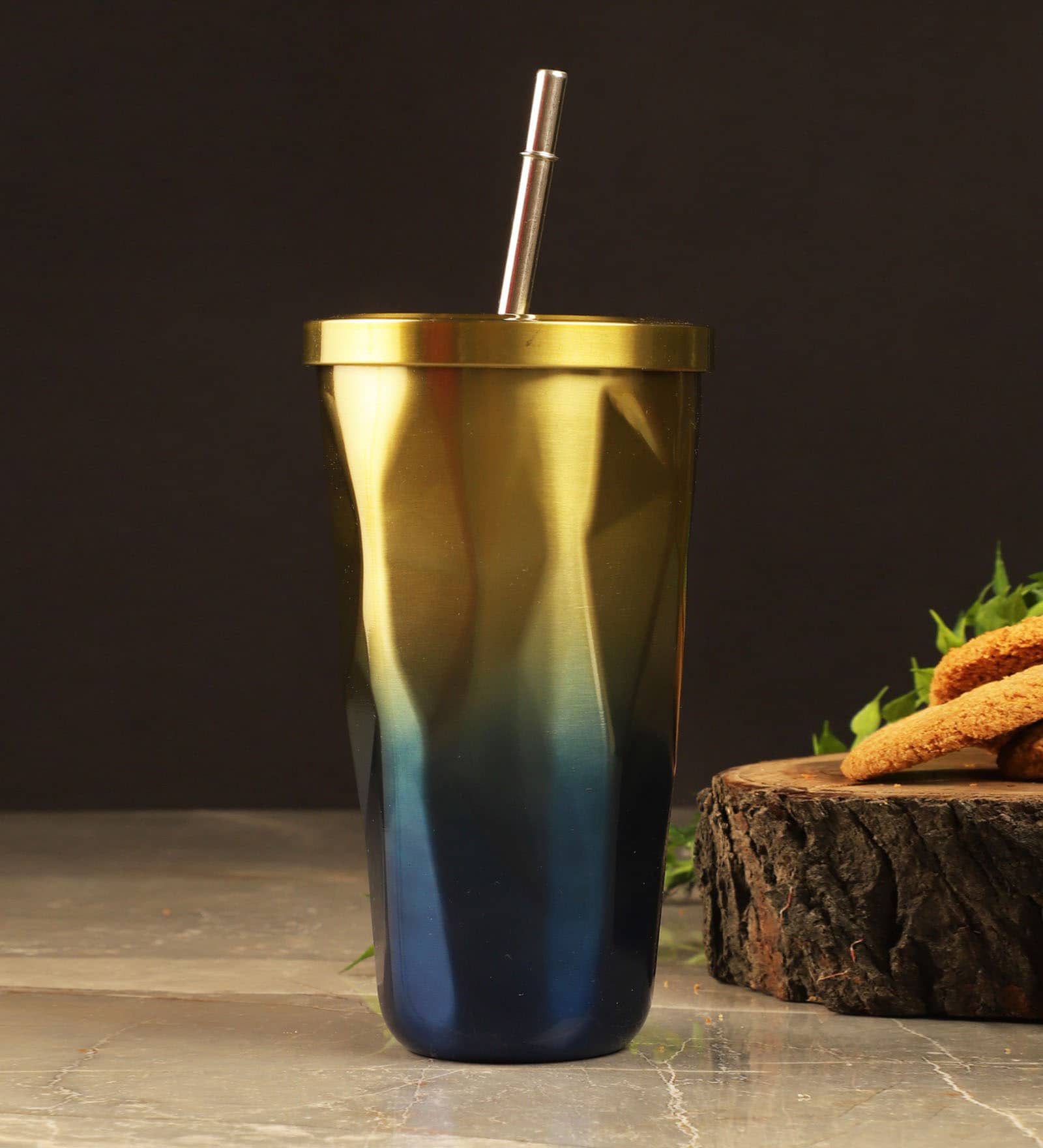 Gold Blue Hue Diamond Stainless Steel Tumbler with Straw (LxBxH Stainless Steel 700ml  Sipper