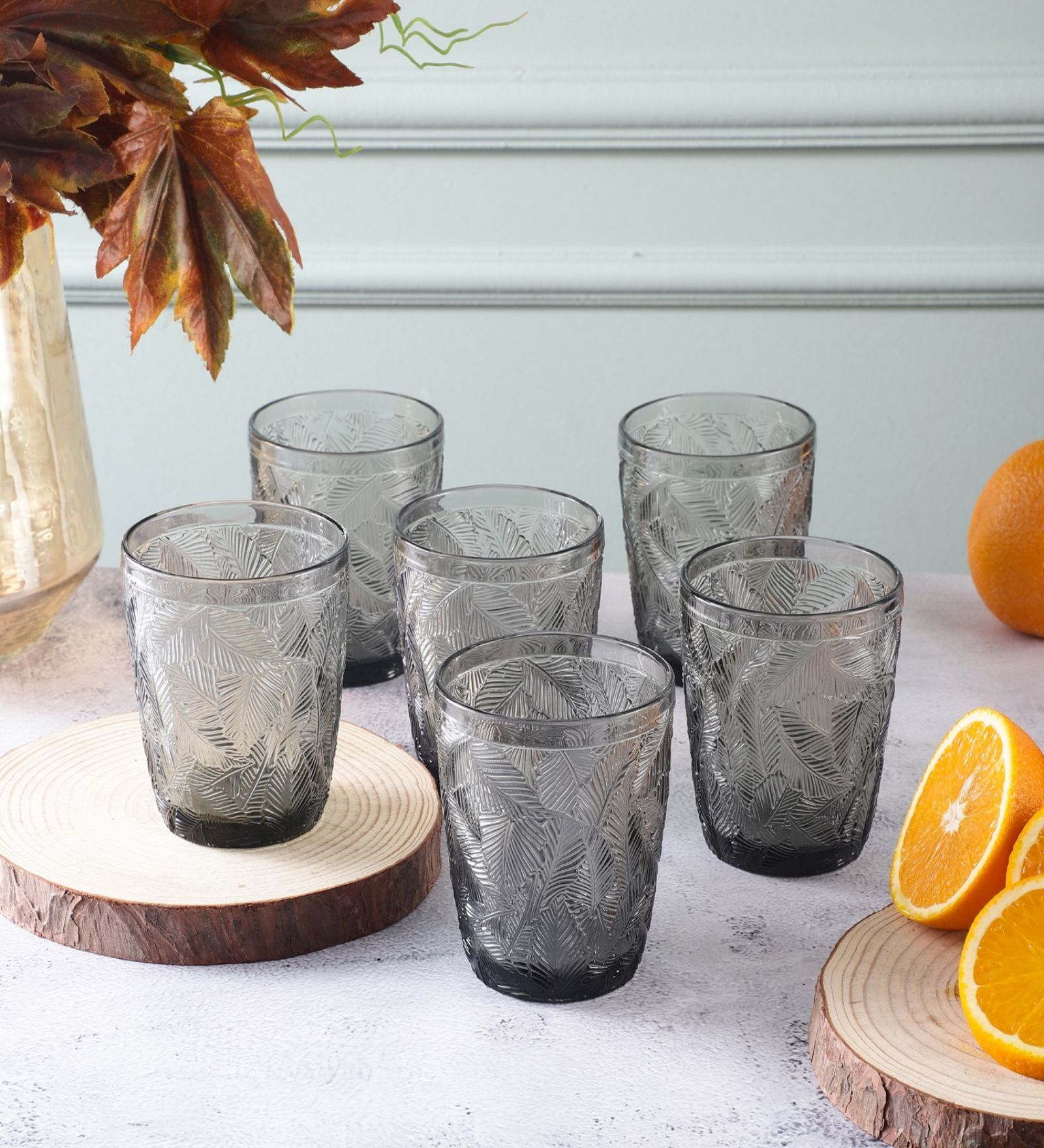 Leaf Emboss Grey Glass (Set of 6) Everyday Glasses