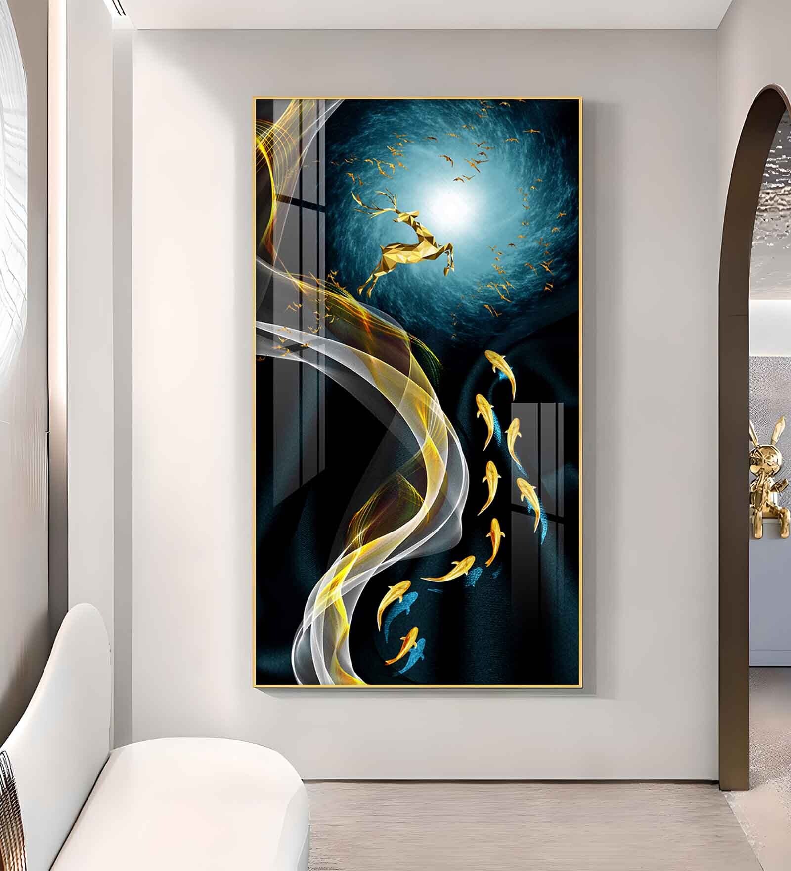 The Golden Swim Glass Finish Vertical Wall Art
