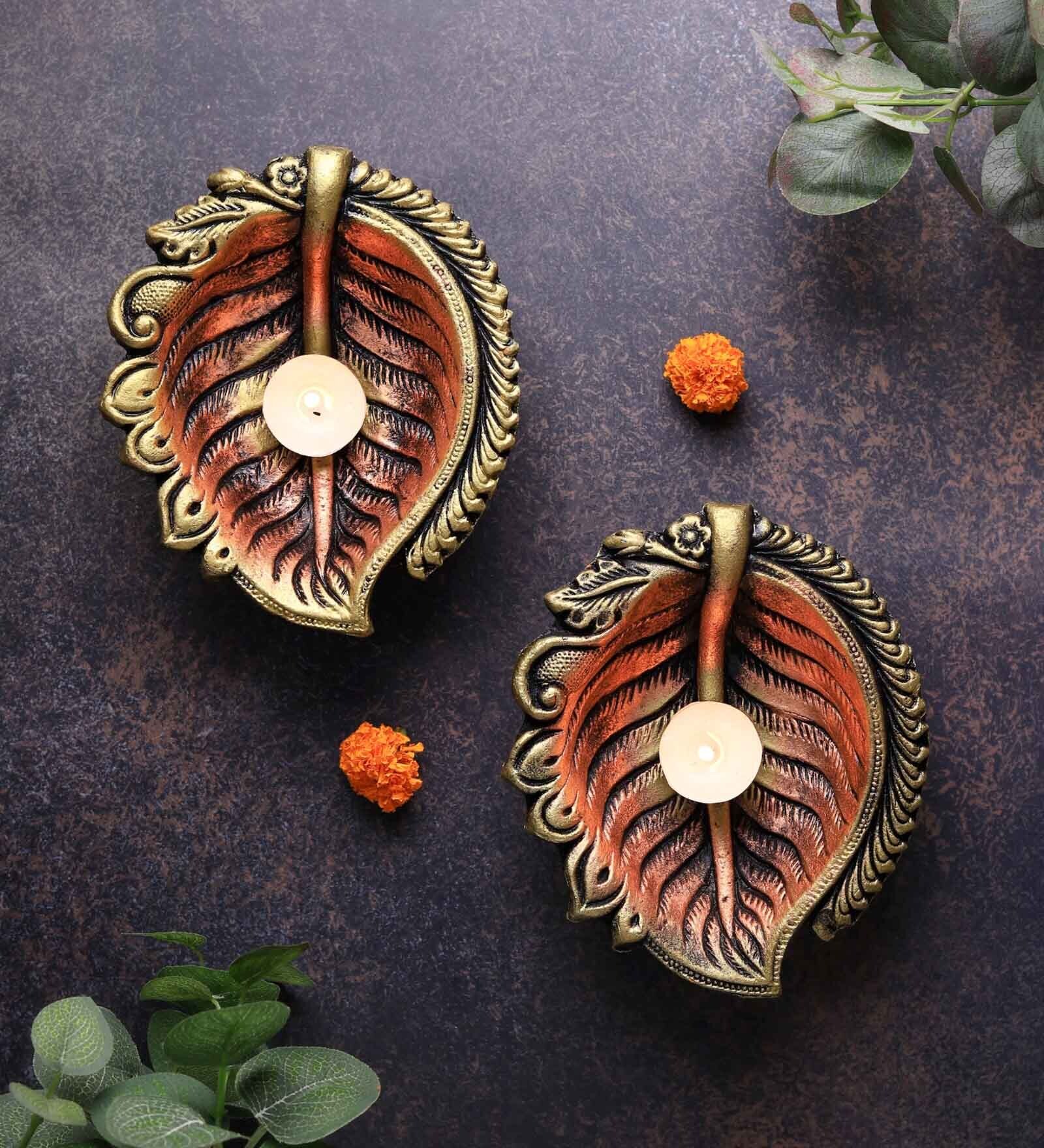 Peepal Terracotta Gold Large Diya Set (Pack Of 2)