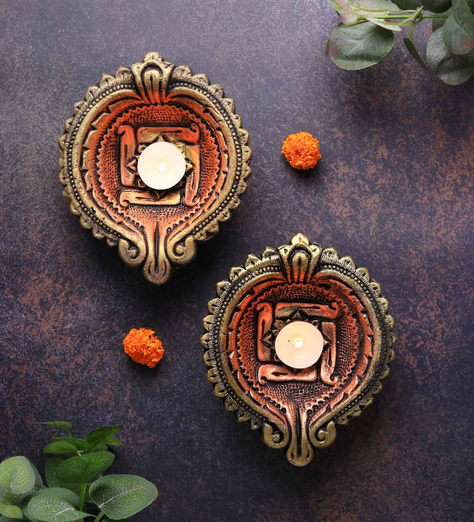 Swastik Terracotta Gold Large Diya Set (Pack Of 2)