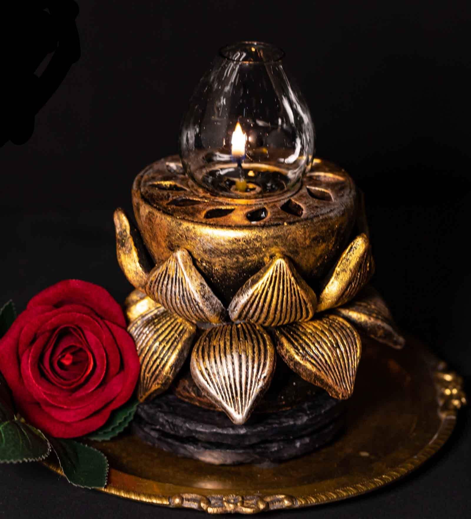 Lotus Terracotta Akand Jyot Diya (Gold)