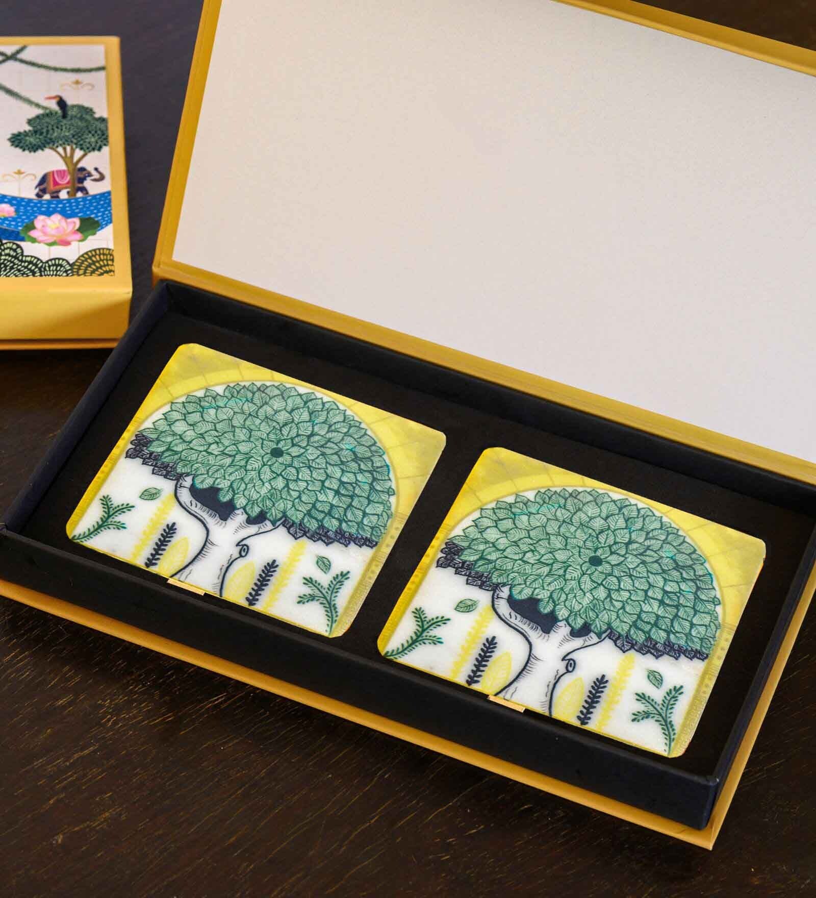 The Indo-Rome Tree Multicolour (4 x 4 Inches) Marble (Set of 2) Coasters