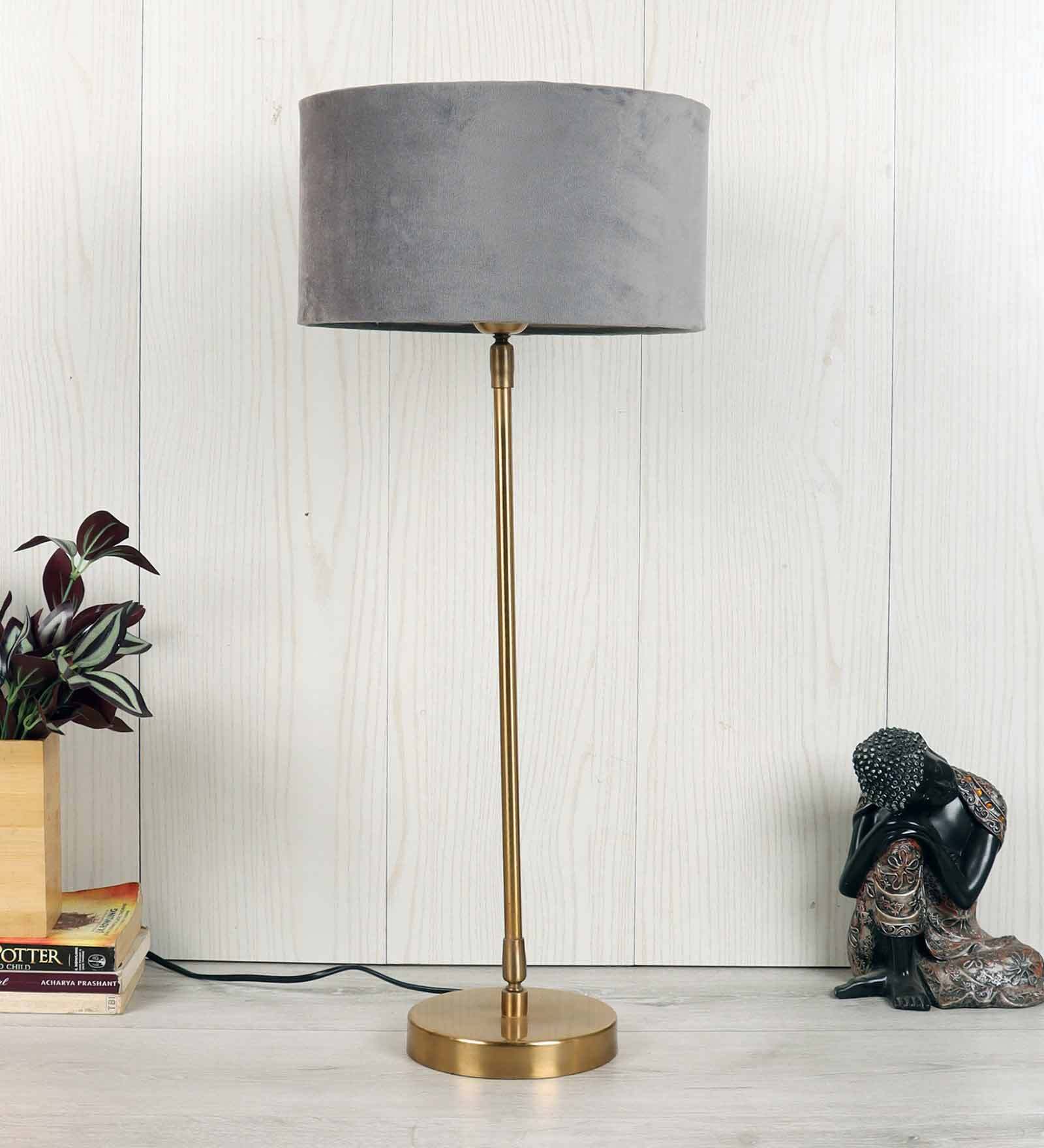 Confined Grey Velvet Shade Night Lamp With Iron & Brass Base