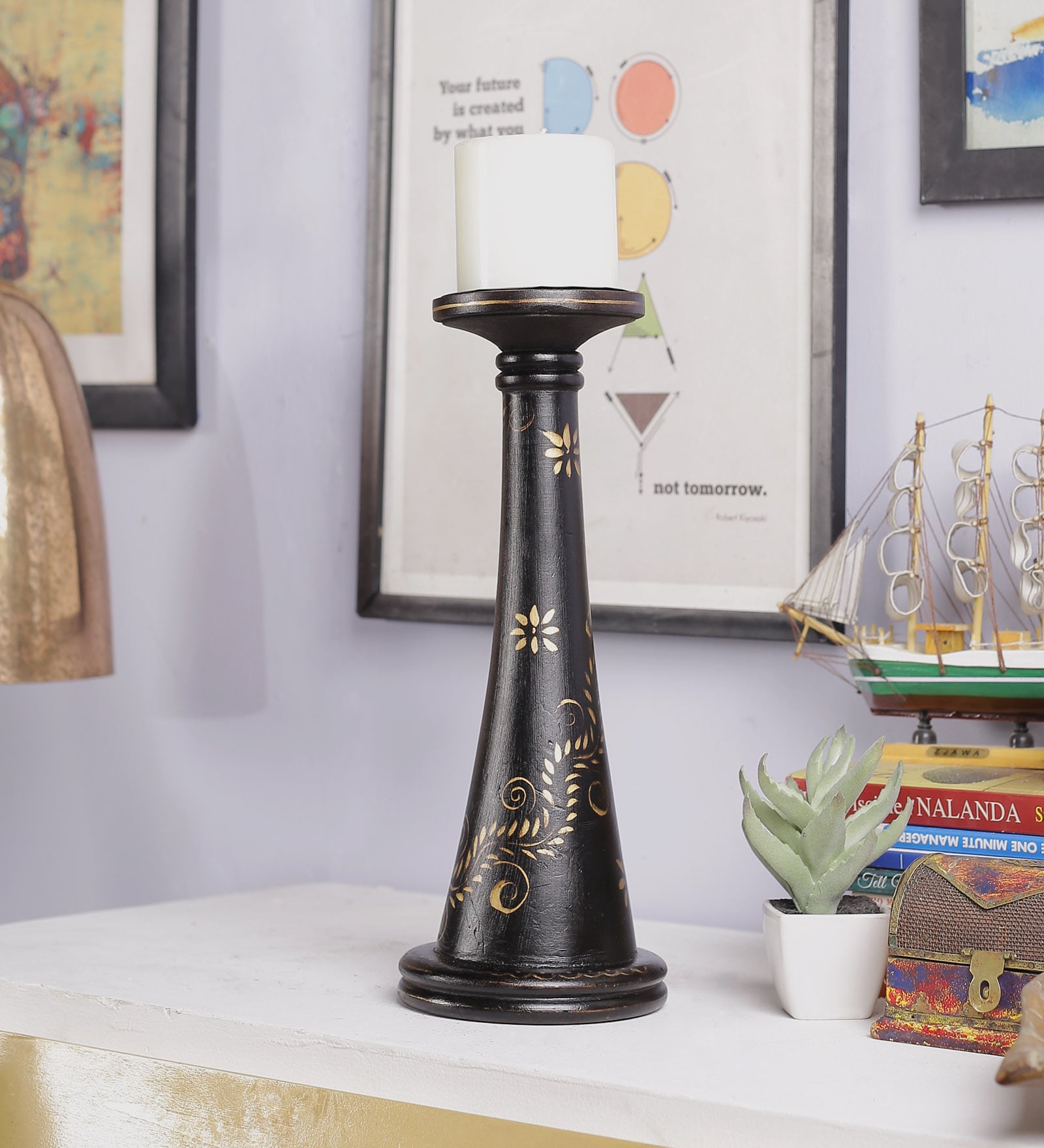 Black Wood Table Candle Holder