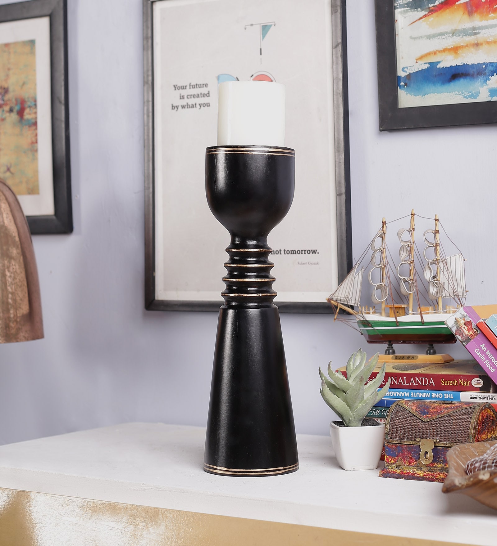 Black Wood Table Candle Holder