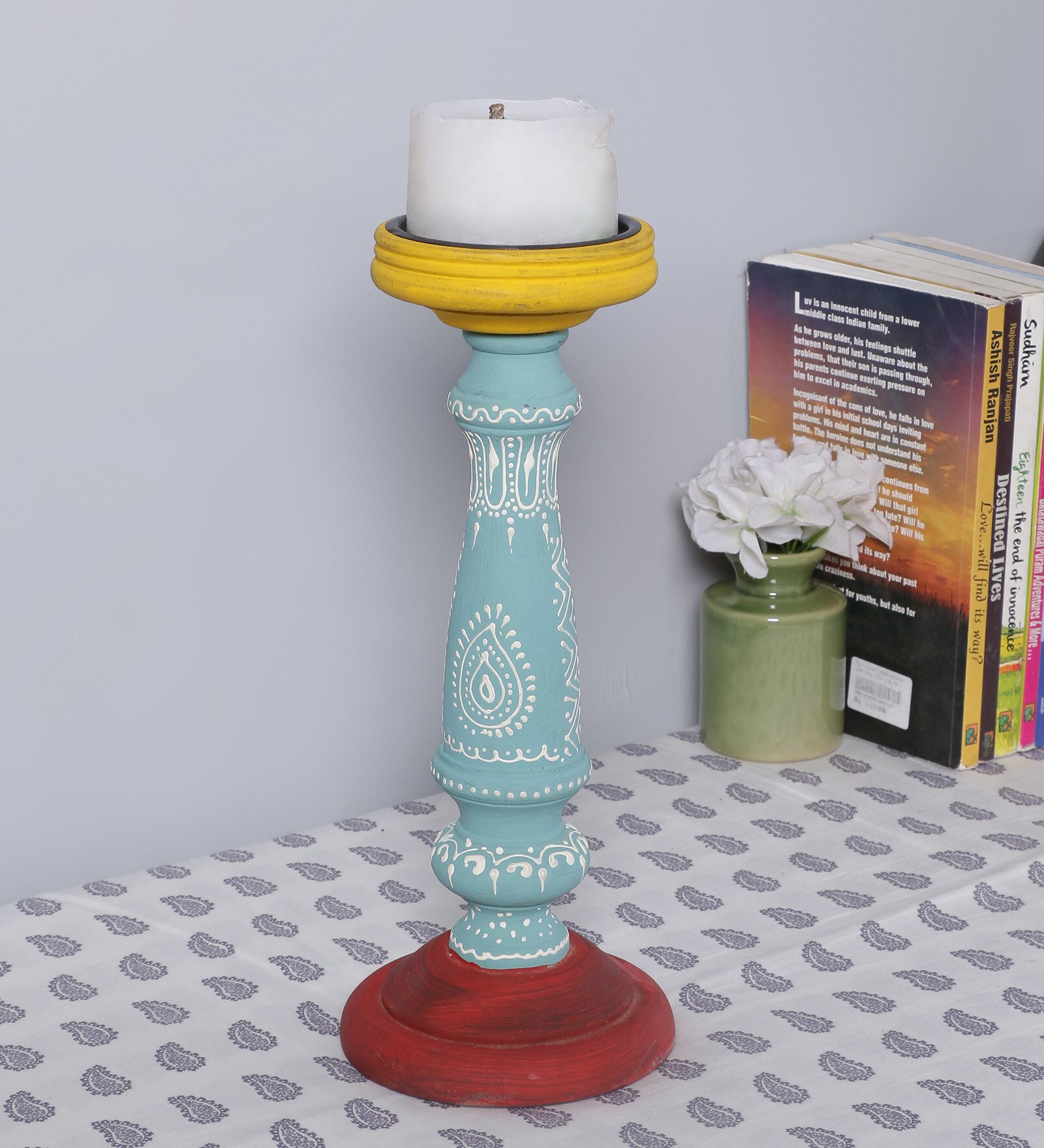Blue Wood Table Candle Holder