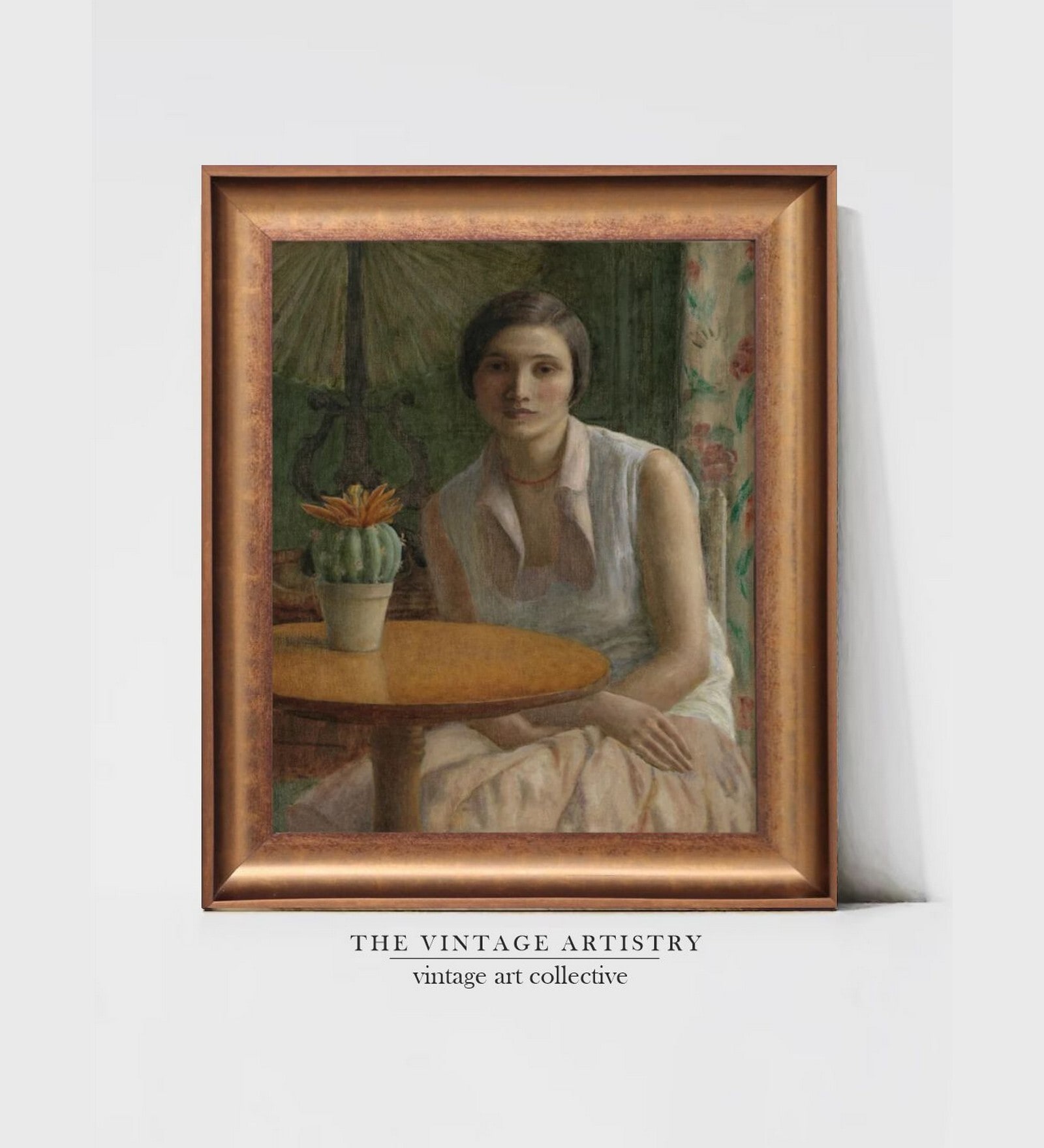 The Vintage Artistry Brown & Green Woman & Cactus Wooden Framed Wall Painting