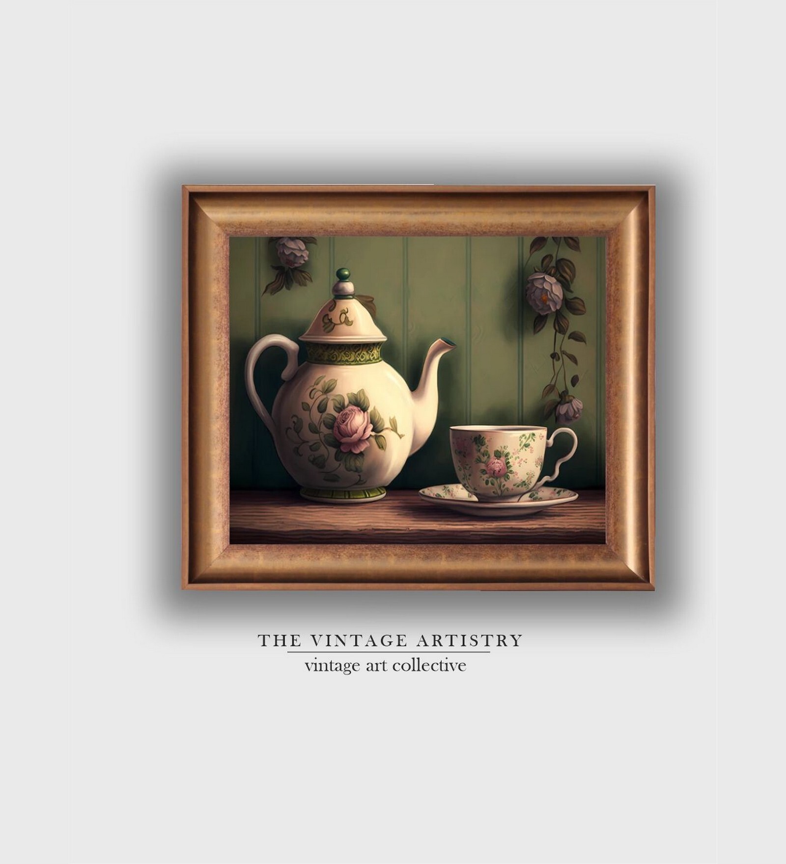 The Vintage Artistry Green & Beige Still Life With Breakfast Setting Painting Wall Art