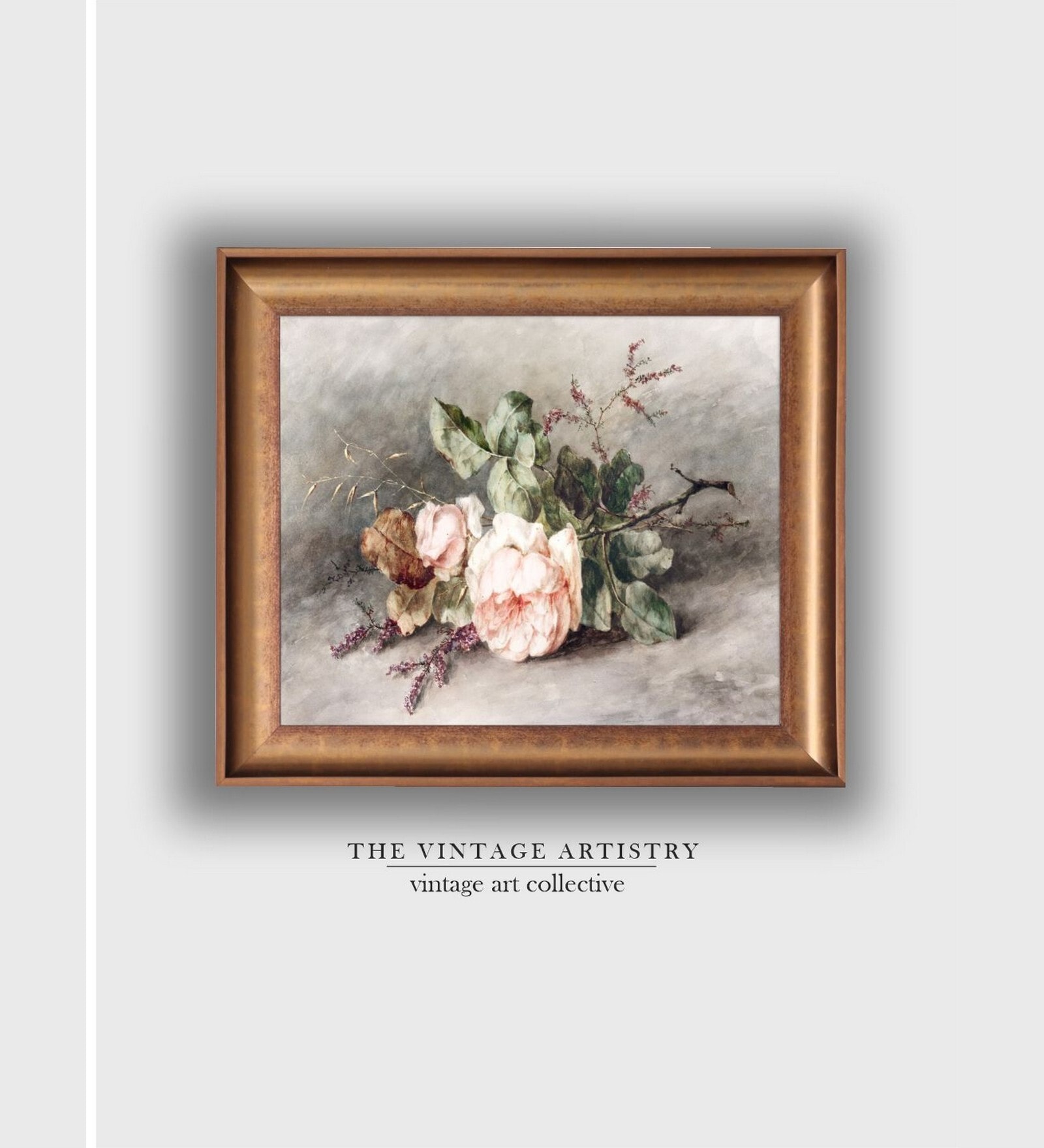 The Vintage Artistry Green & Brown Rose Still Life Wooden Framed Painting Wall Art