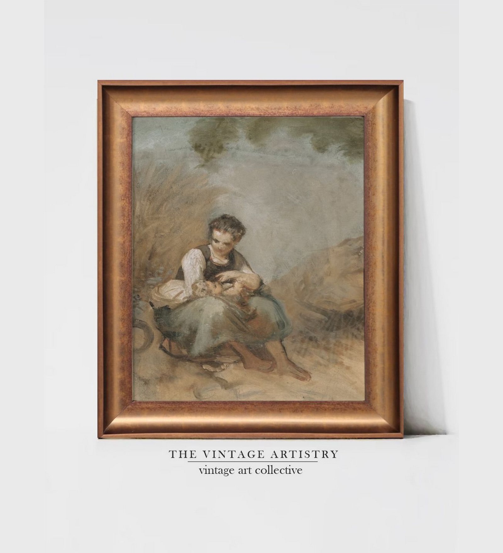 The Vintage Artistry Green & Brown Young Peasant Woman Sitting On A Rock Painting Wall Art