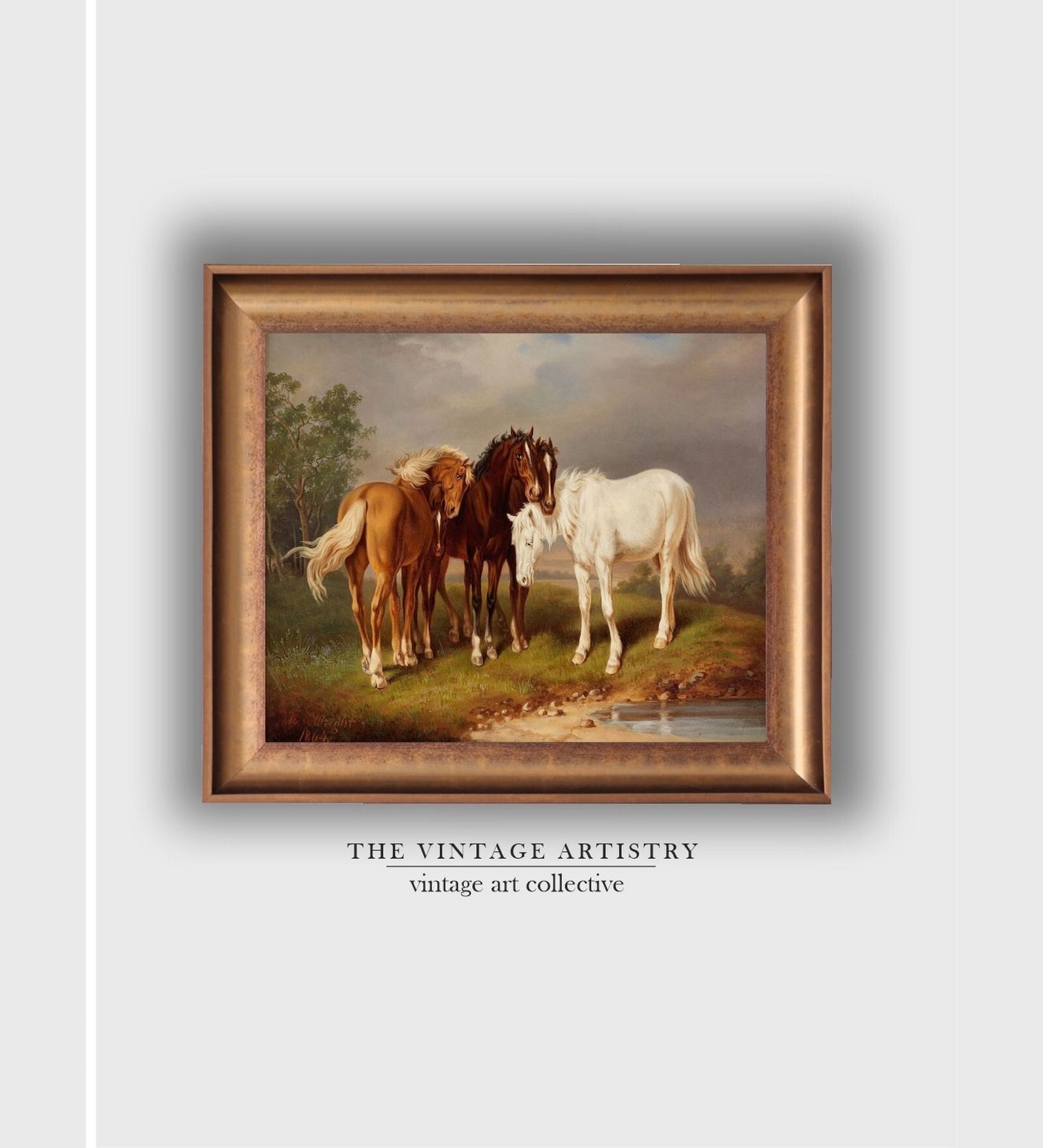The Vintage Artistry Green & Brownpainting Of A Group Of Horses Framed Wall Art
