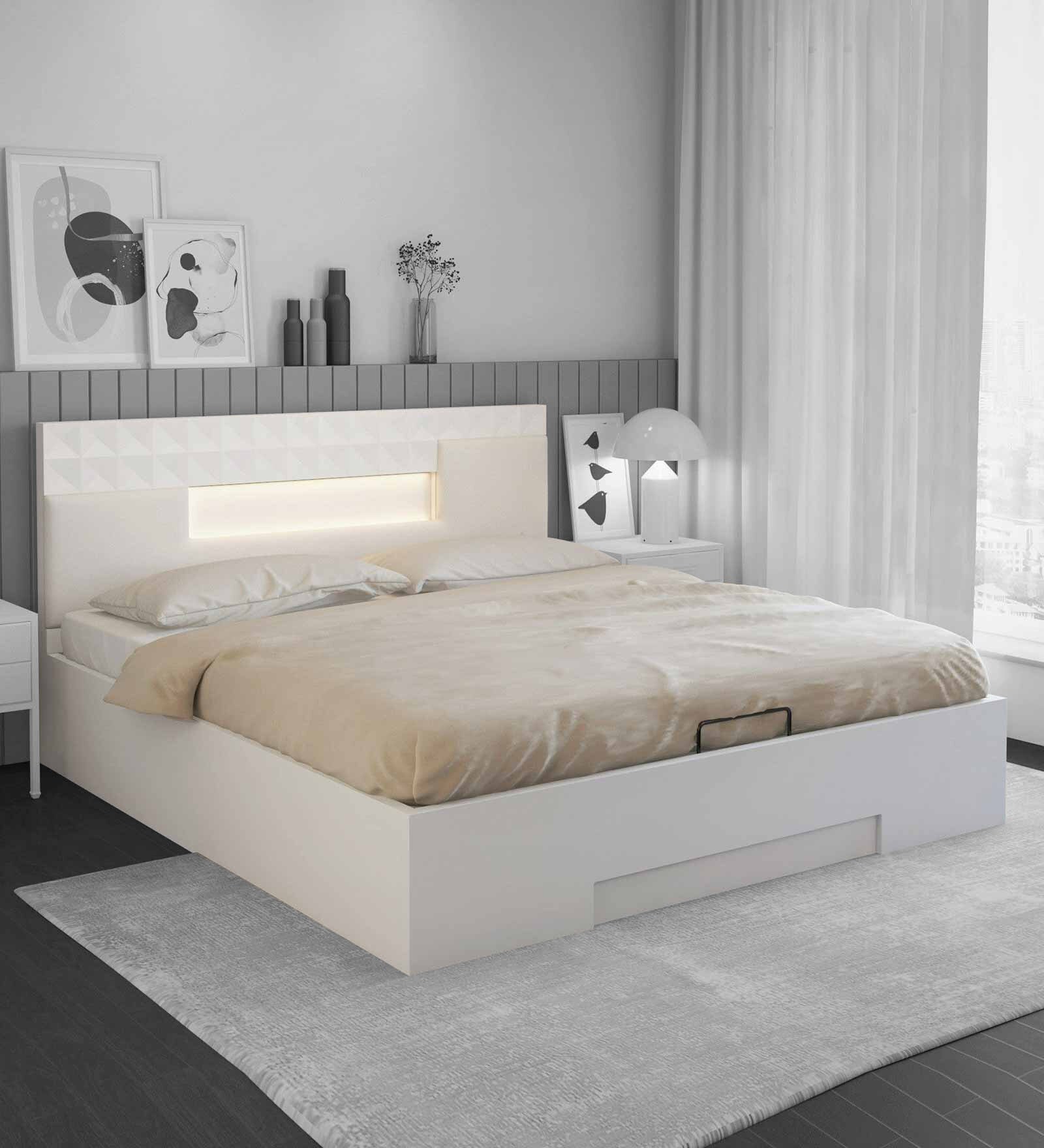 Theia King Size Bed in White Finish with Hydraulic Storage