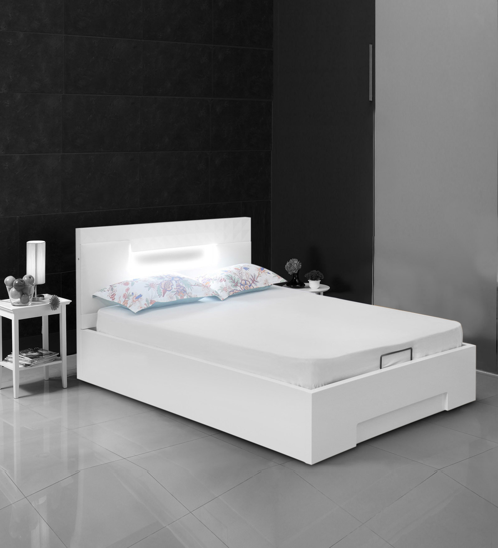 Theia Queen Size Bed with Storage in Glossy White Finish