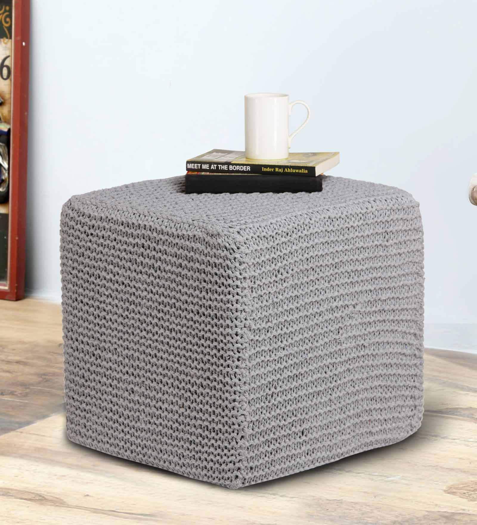 Thermocol Hand Knitted Square Sitting Pouffe in Grey Colour