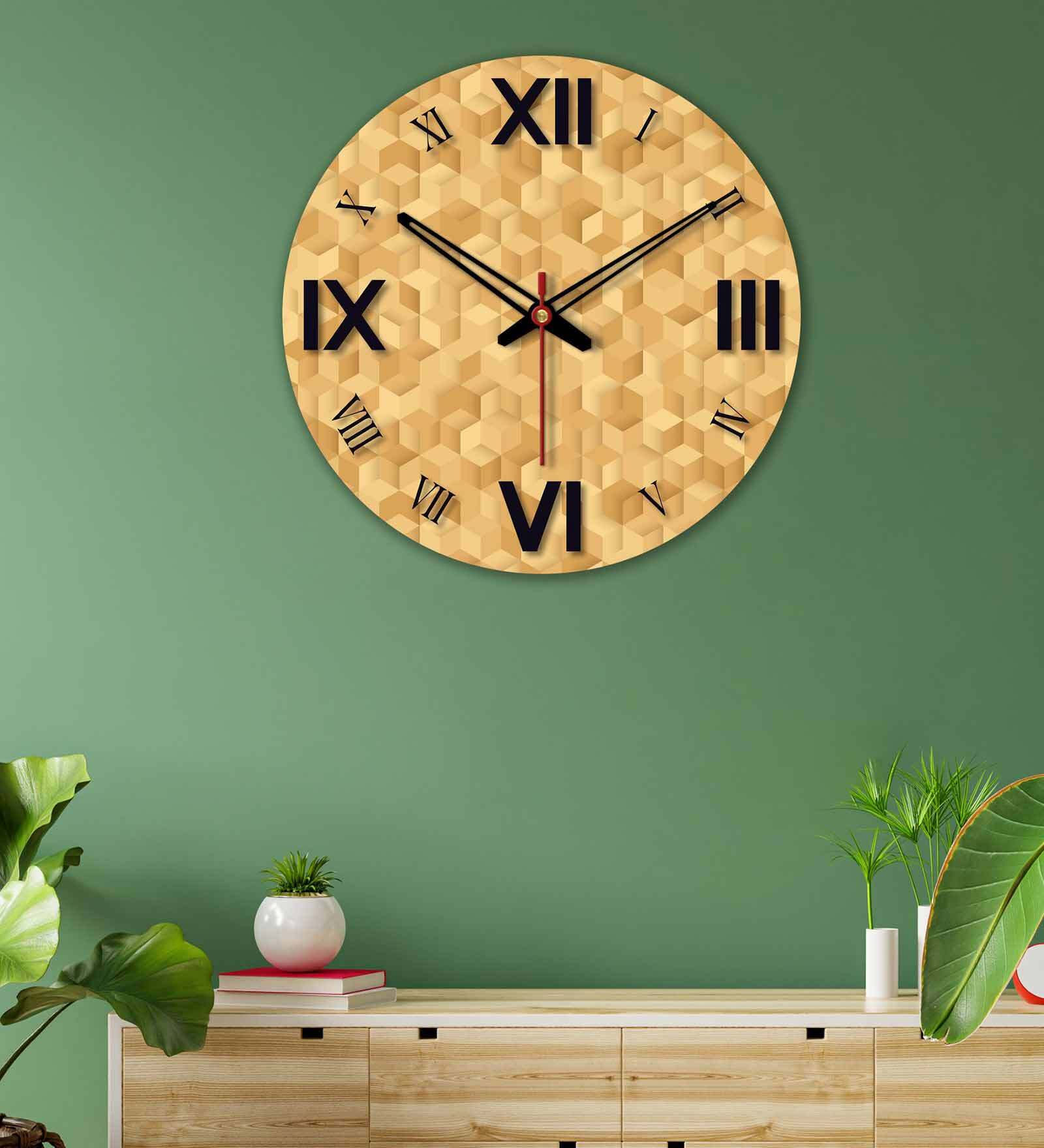 Three D Cubes Printed  Wood Wall Clock In Beige