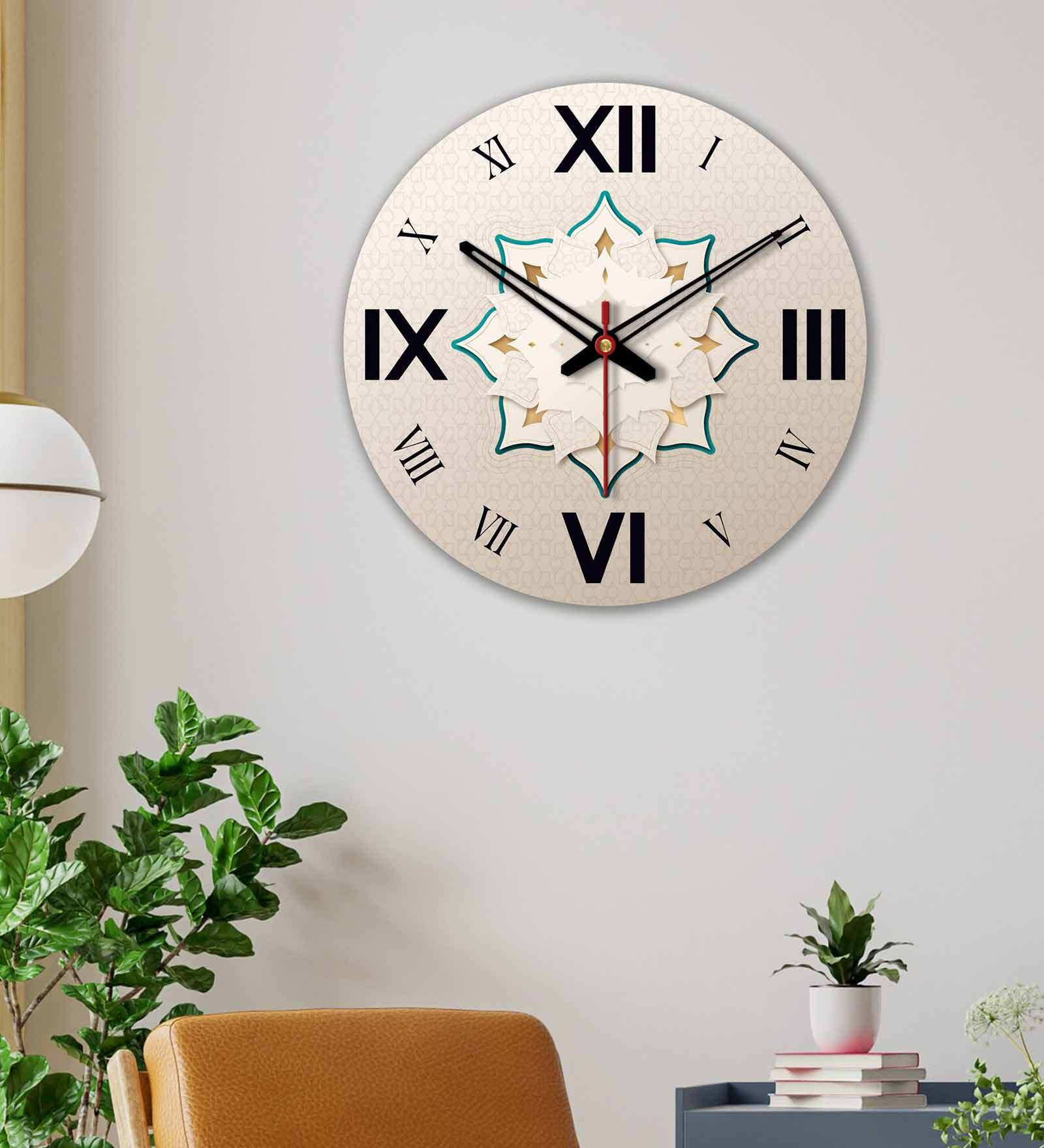 Three D Flower Design  Wood Wall Clock In Beige