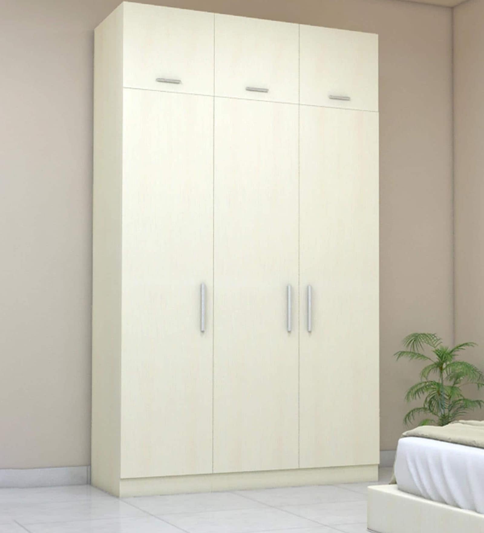 Three Door Wardrobe with loft in Ivory Suede finish in MDF