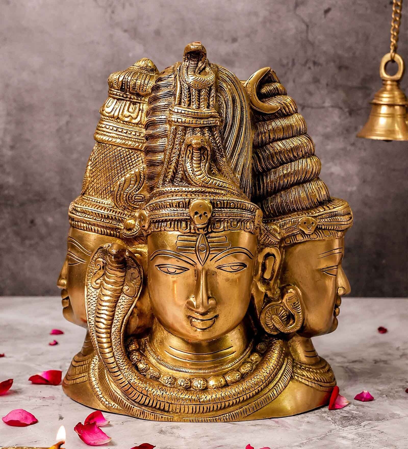 Three Face Shiva Behind Parvati Brass Religious Idol