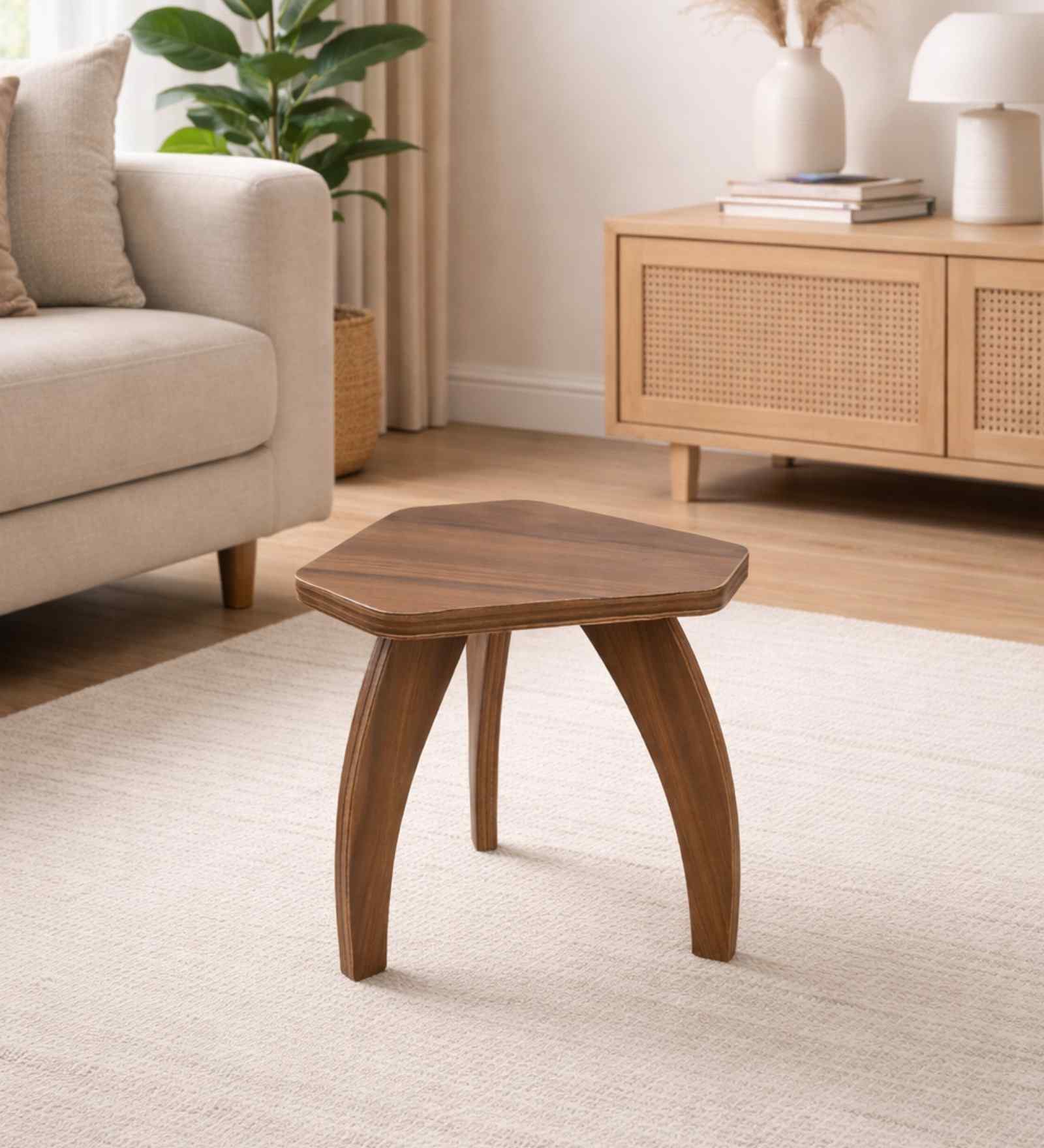 Three Leg Pengonal Table in Walnut Finish