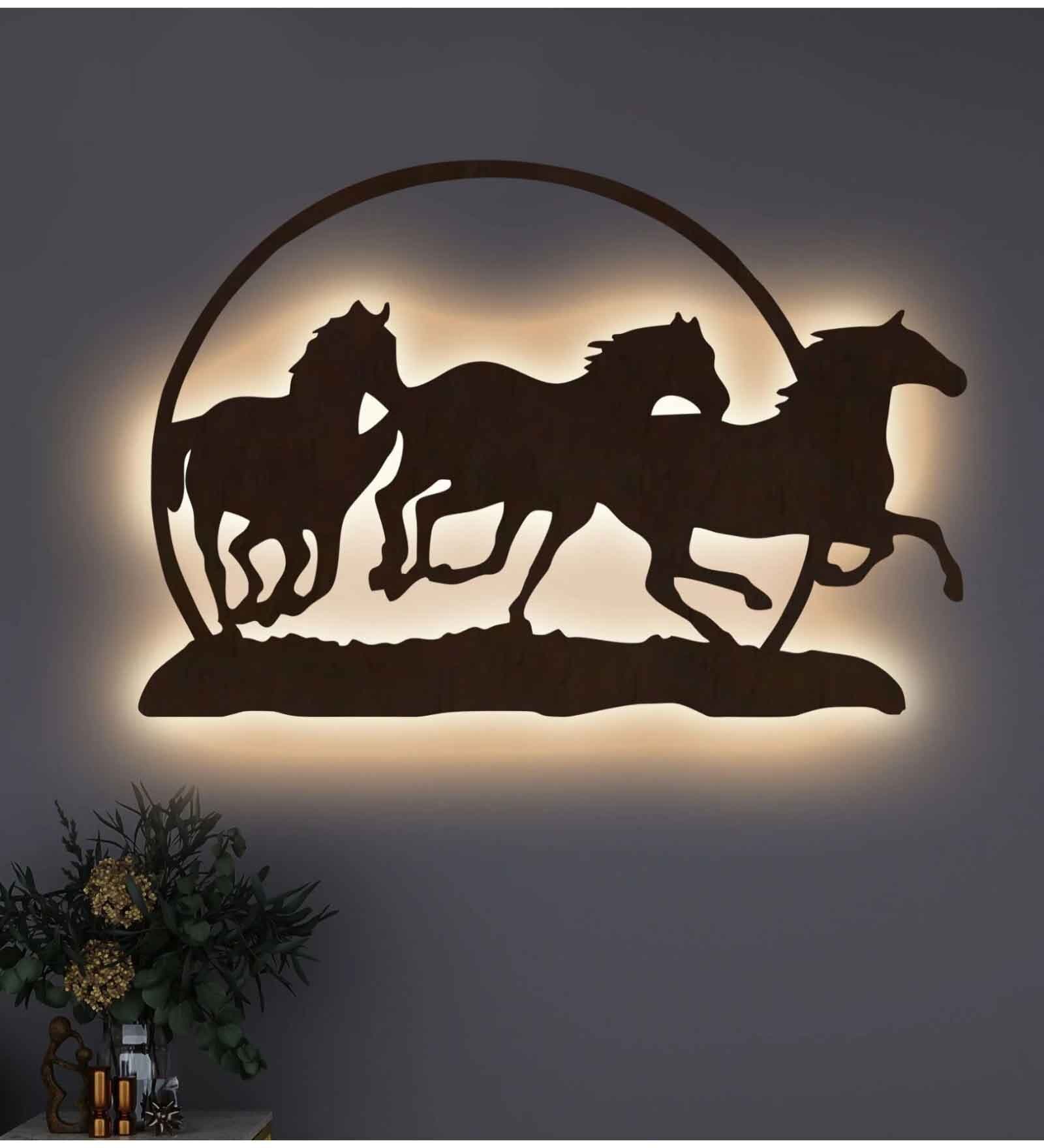 Three Running Horses Medium Brown Engineered Wood Wall Art With LED Light