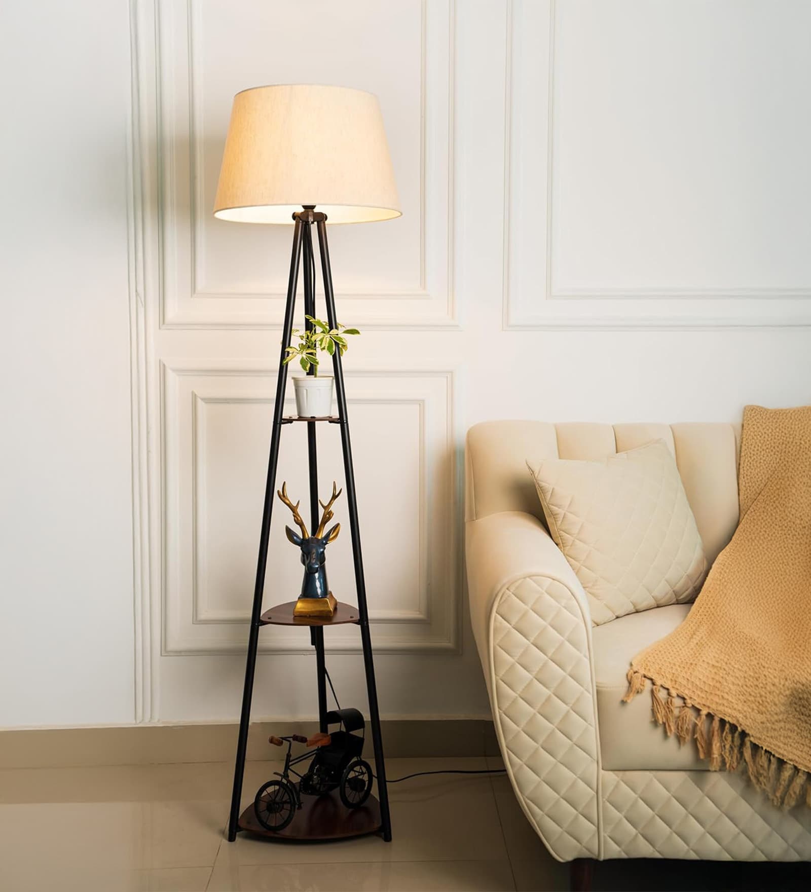 Three Shelves Floor Lamp Black Polished 5 Feet Height with 16  Diameter Off White Shade