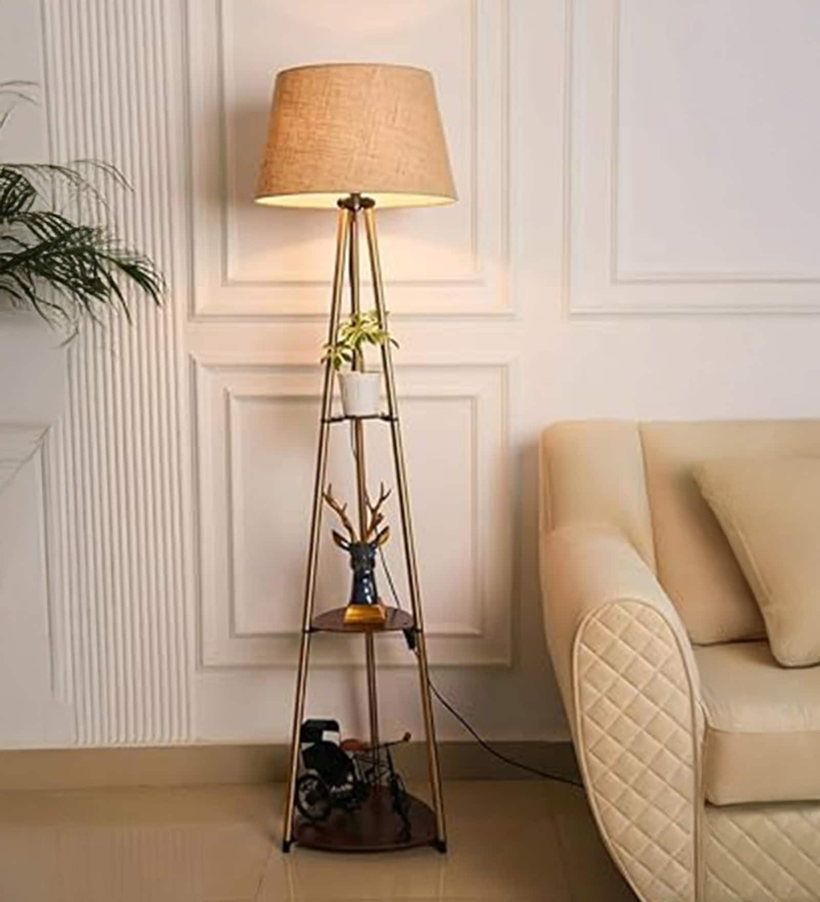 Three Shelves Floor Lamp Brass Antique Finish 5 Feet Height with 16  Diameter Natural Jute Shade