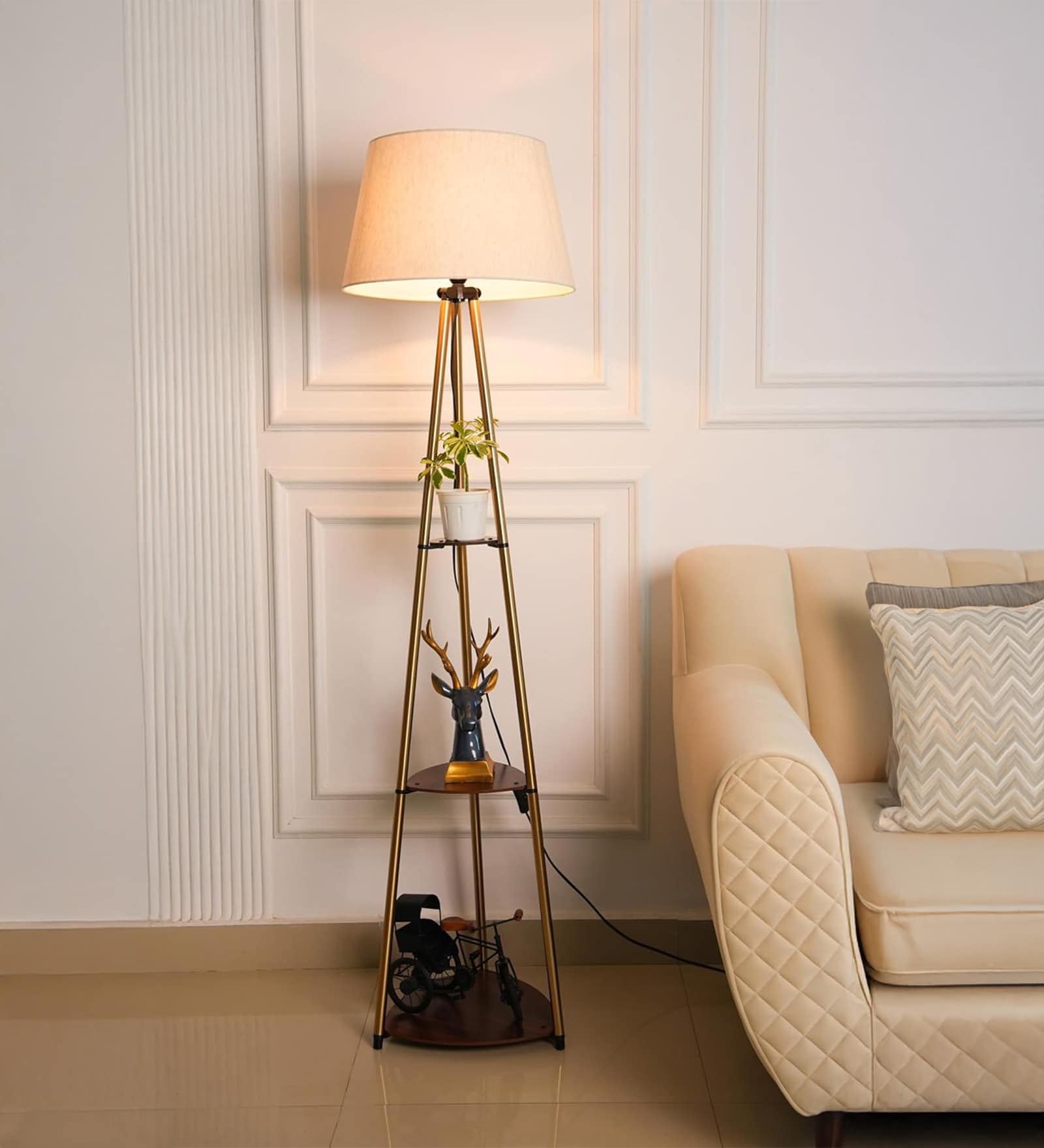 Three Shelves Floor Lamp Brass Antique Finish 5 Feet Height with 16  Diameter Off White Shade