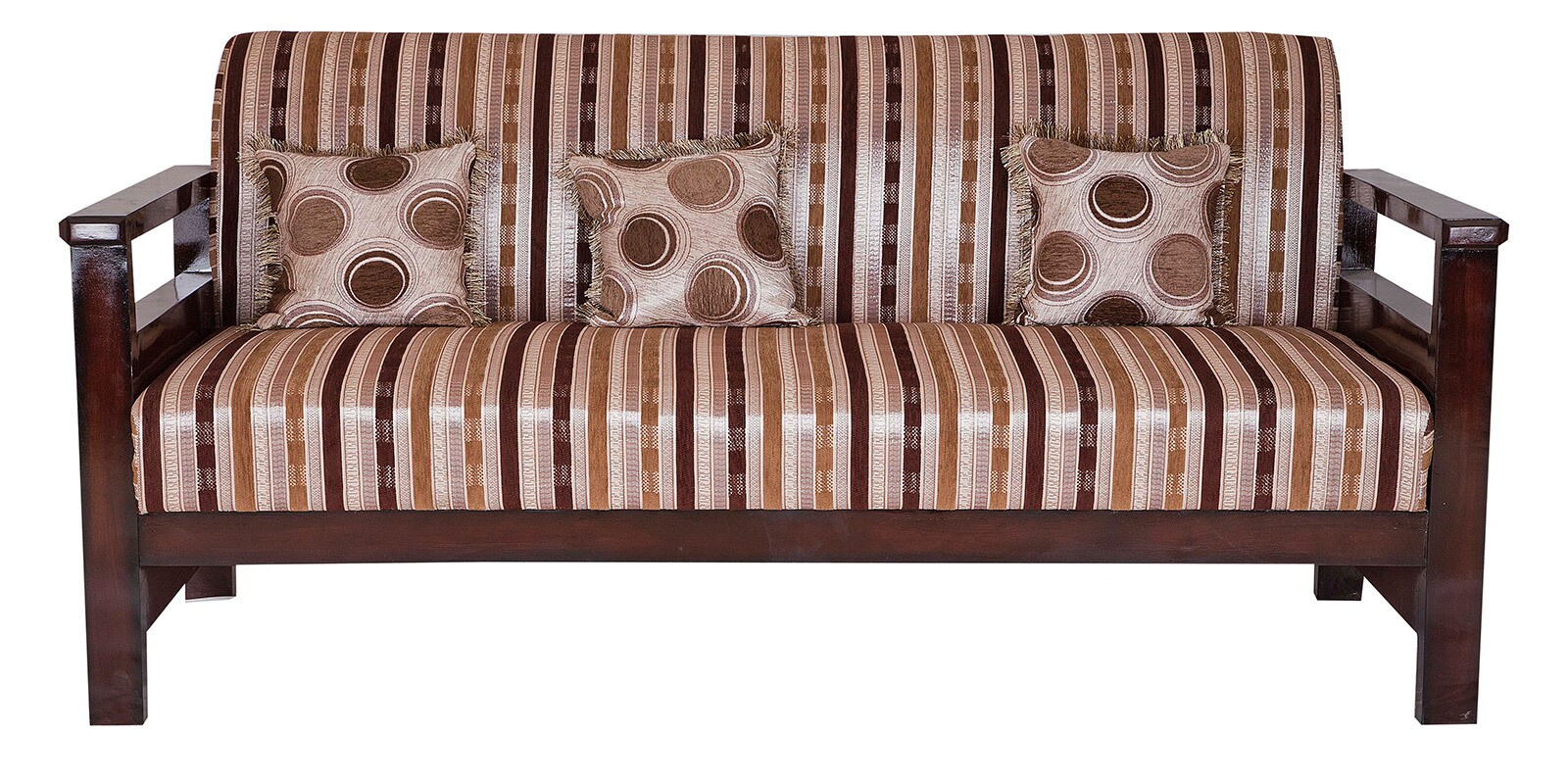 Buy Three Seater Sofa in Brown Polish & Striped Shanil Fabric by Karigar Online 3 Seater Sofas