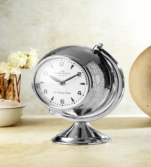 The Etched World Table Clock in Silver