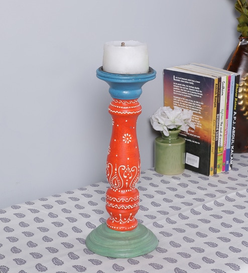 Blue Wood Table Candle Holder