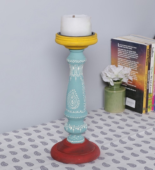 Blue Wood Table Candle Holder