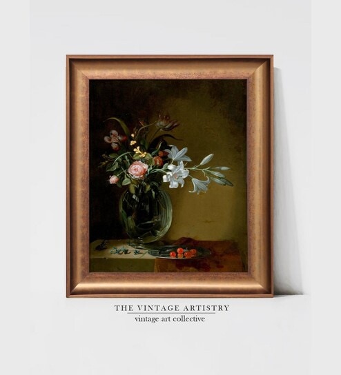 The Vintage Artistry Beige & Green Floral Still Life Painted Wall Art