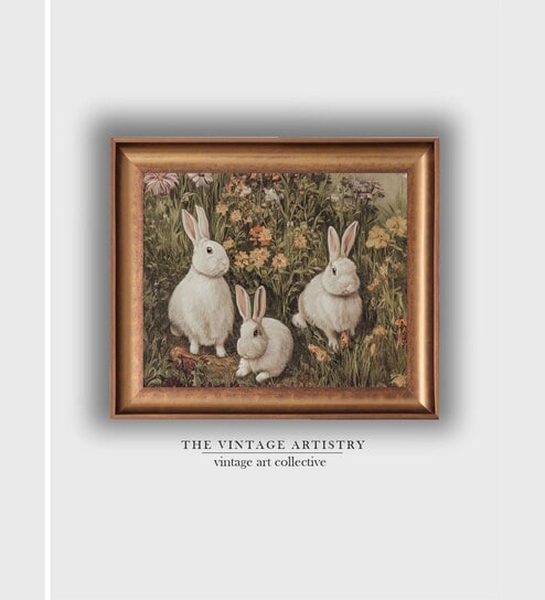 The Vintage Artistry Beige & White Rustic Rabbit Wall Painting