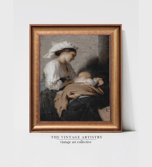The Vintage Artistry Black & White Mother And Child Printed Framed Wall Painting