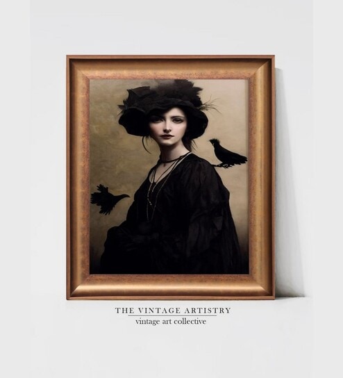 The Vintage Artistry Black Victorian Witch Portrait With Birds Painting Wall Art