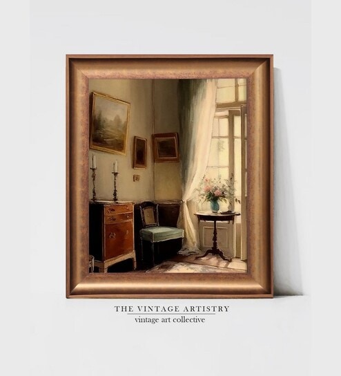 The Vintage Artistry Brown & Beige Interior Of Cottage Framed Wall Painting