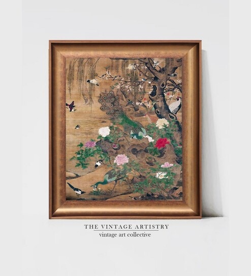 The Vintage Artistry Brown & Green Birds Gather Under The Spring Willow Framed Wall Painting