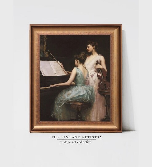 The Vintage Artistry Brown & Green Playing Piano Framed Wall Painting