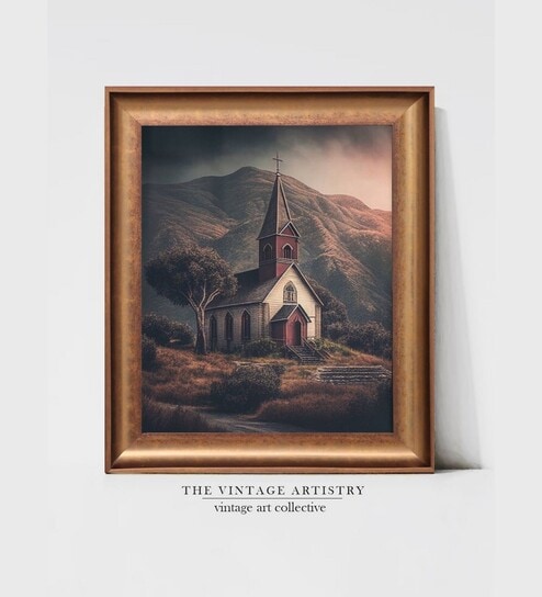 The Vintage Artistry Brown & Green Simple Church Canvas & Printed Framed Wall Painting