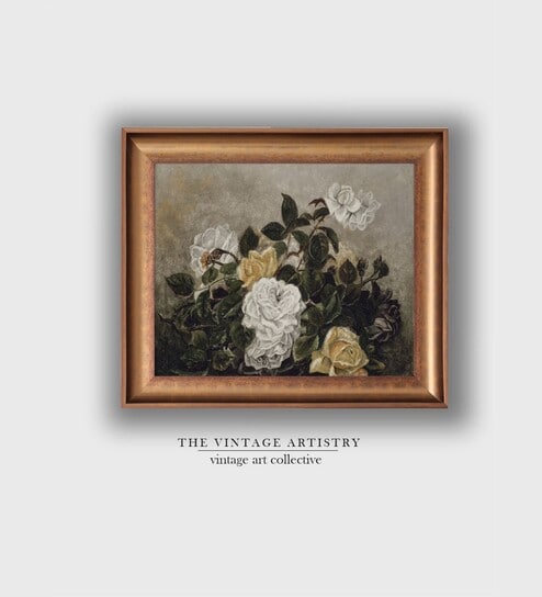 The Vintage Artistry Brown & Green Still Life Of Roses Printed Framed Wall Painting