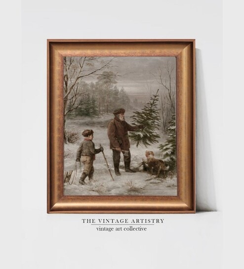 The Vintage Artistry Brown & Green Winter Father Son & Dog Scene Christmas Framed Wall Painting