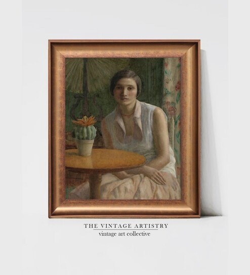 The Vintage Artistry Brown & Green Woman & Cactus Wooden Framed Wall Painting