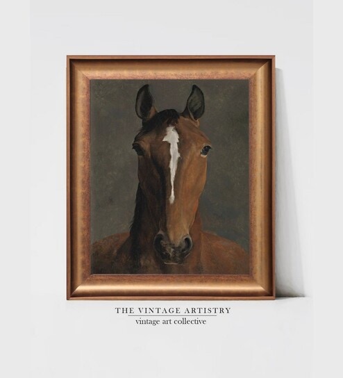 The Vintage Artistry Brown & White Horse Wooden Framed Wall Painting