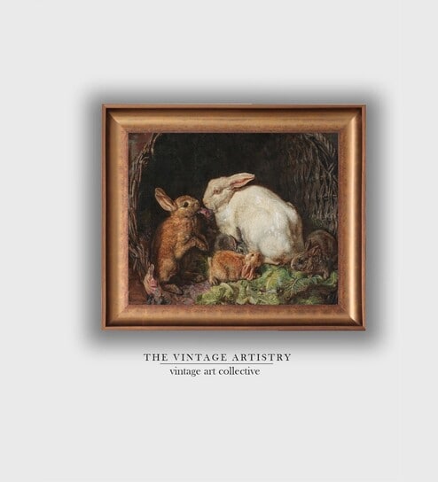 The Vintage Artistry Brown & White Rabbit Family Painting Wall Art